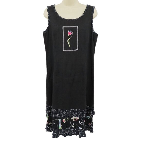 Carol Anderson Petites 10P Black Linen Tulip Flower Sleeveless Dress Ruffle Hem - Picture 1 of 10